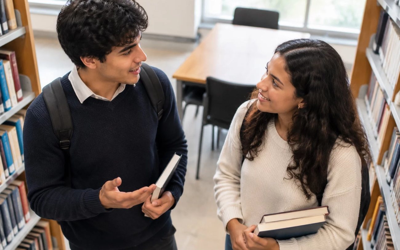 Três pessoas sentadas a uma mesa comprida, no meio de uma conversa numa sala de janelas altas