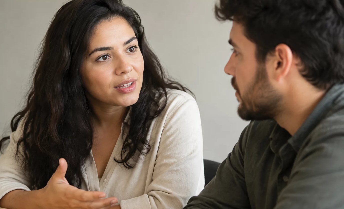 Três participantes conversam ao redor de uma mesa comprida numa sala clara de janelas altas